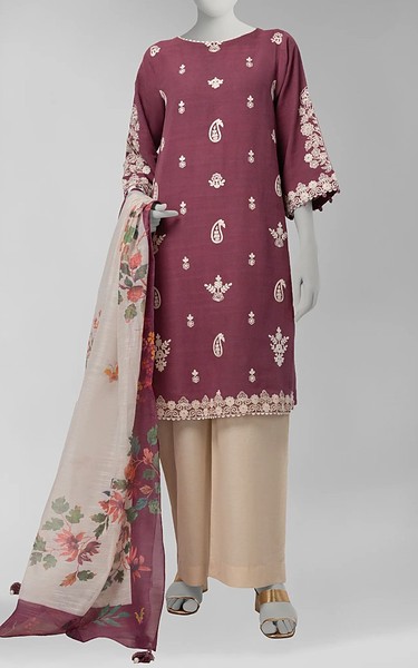 Junaid Jamshed Maroon Khaddar Suit (2Pcs) | Pakistani Winter Dresses in USA- Image 1