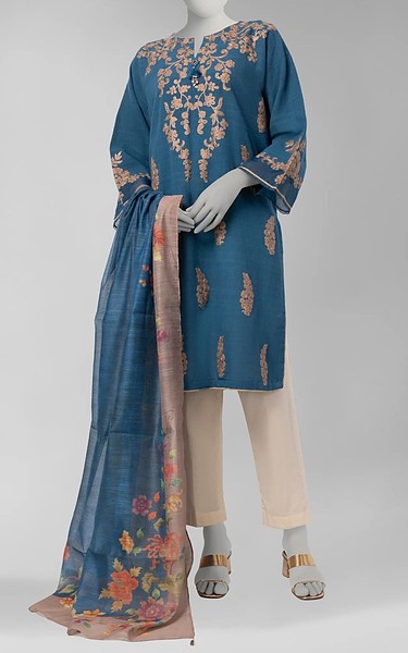 Junaid Jamshed Blue Khaddar Suit (2Pcs) | Pakistani Winter Dresses in USA- Image 1