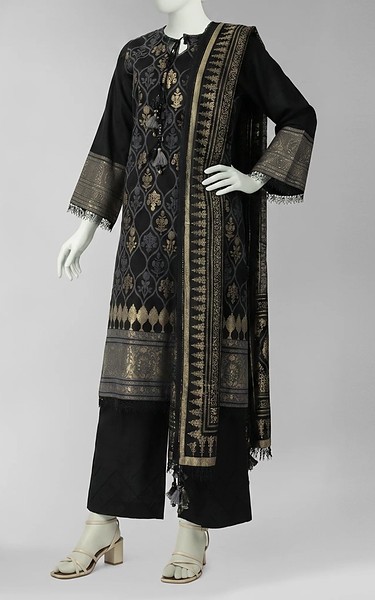 Junaid Jamshed Black Jacquard Suit | Pakistani Winter Dresses in USA- Image 1