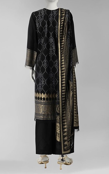 Junaid Jamshed Black Jacquard Suit | Pakistani Winter Dresses in USA- Image 2