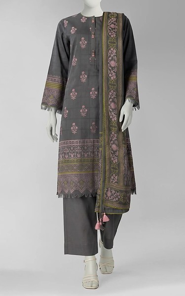 Junaid Jamshed Dark Grey Jacquard Suit | Pakistani Winter Dresses in USA- Image 1