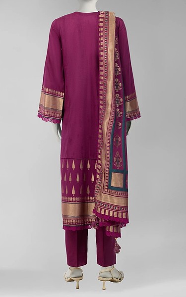 Junaid Jamshed Magenta Jacquard Suit | Pakistani Winter Dresses in USA- Image 1