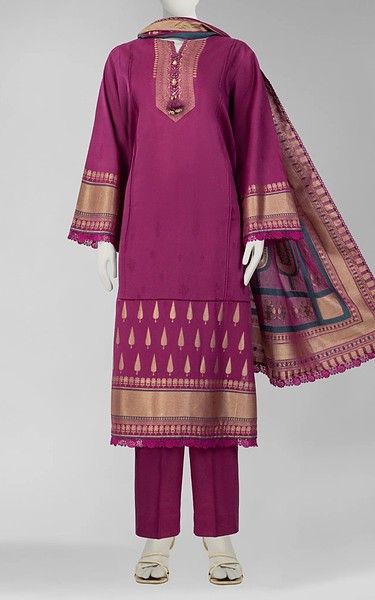 Junaid Jamshed Magenta Jacquard Suit | Pakistani Winter Dresses in USA- Image 2