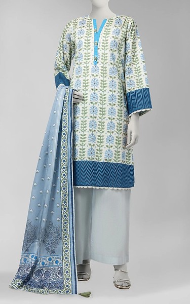 Junaid Jamshed White/Green Cambric Suit | Pakistani Winter Dresses in USA- Image 1