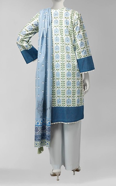 Junaid Jamshed White/Green Cambric Suit | Pakistani Winter Dresses in USA- Image 2