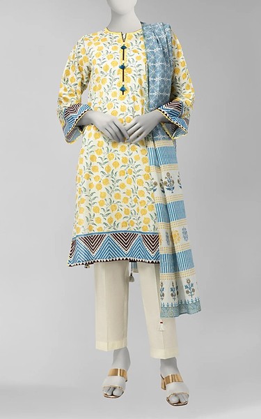 Junaid Jamshed Yellow/White Cambric Suit | Pakistani Winter Dresses in USA- Image 1
