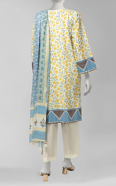 Junaid Jamshed Yellow/White Cambric Suit | Pakistani Winter Dresses in USA- Image 2