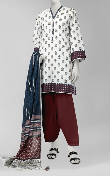 Junaid Jamshed Off White Cambric Suit | Pakistani Winter Dresses in USA- Image 1