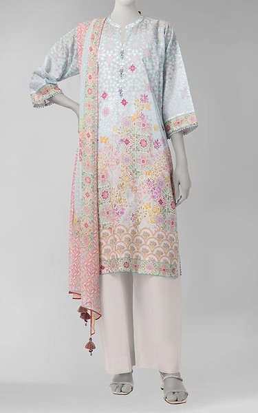 Junaid Jamshed Sky Blue Cambric Suit | Pakistani Winter Dresses in USA- Image 1
