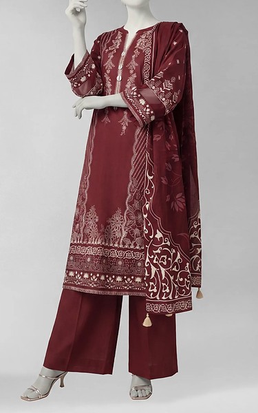Junaid Jamshed Maroon Liminal Suit | Pakistani Winter Dresses in USA- Image 1