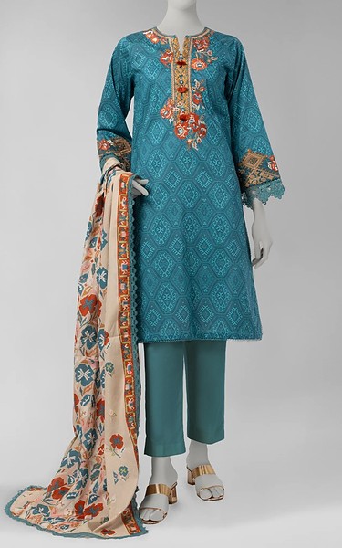 Junaid Jamshed Teal Cambric Suit | Pakistani Winter Dresses in USA- Image 1