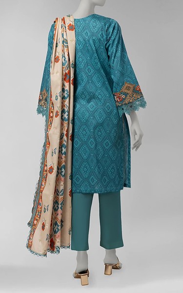 Junaid Jamshed Teal Cambric Suit | Pakistani Winter Dresses in USA- Image 2