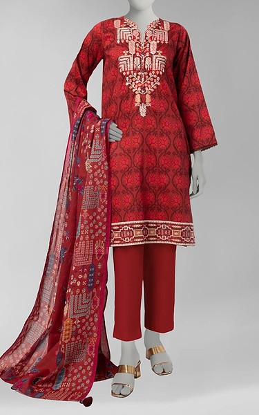 Junaid Jamshed Red Cambric Suit | Pakistani Winter Dresses in USA- Image 1