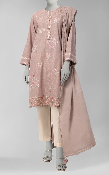 Junaid Jamshed Tea Pink Dobby Suit | Pakistani Winter Dresses in USA- Image 1