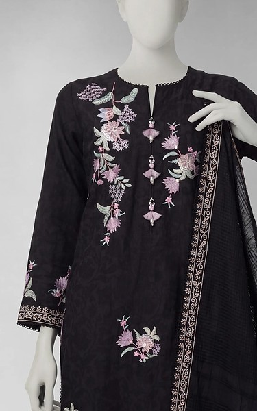 Junaid Jamshed Black Dobby Suit | Pakistani Winter Dresses in USA- Image 2