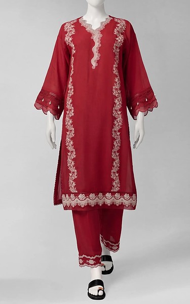 Junaid Jamshed Red Cambric Suit (2Pcs) | Pakistani Winter Dresses in USA- Image 1