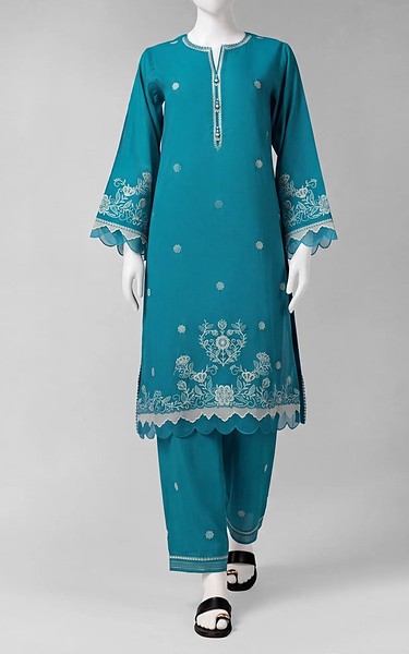 Junaid Jamshed Teal Cambric Suit (2Pcs) | Pakistani Winter Dresses in USA- Image 1