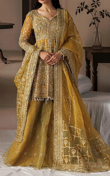 Afrozeh Mustard Organza Suit | Pakistani Embroidered Chiffon Dresses USA- Image 1