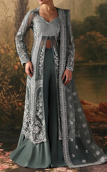 Afrozeh Grey Raw Silk Suit | Pakistani Embroidered Chiffon Dresses USA- Image 1