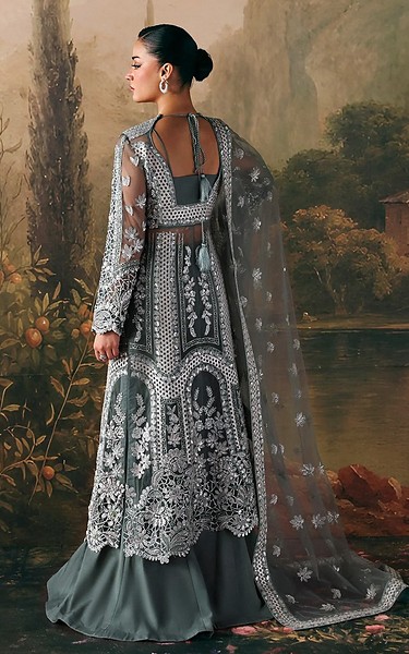 Afrozeh Grey Raw Silk Suit | Pakistani Embroidered Chiffon Dresses USA- Image 2