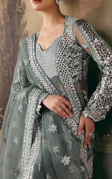 Afrozeh Grey Raw Silk Suit | Pakistani Embroidered Chiffon Dresses USA- Image 3