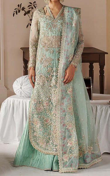 Afrozeh Aqua Organza Suit | Pakistani Embroidered Chiffon Dresses USA- Image 1