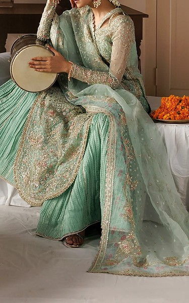 Afrozeh Aqua Organza Suit | Pakistani Embroidered Chiffon Dresses USA- Image 3