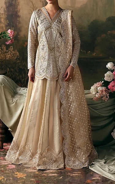 Afrozeh Golden Organza Suit | Pakistani Embroidered Chiffon Dresses USA- Image 1
