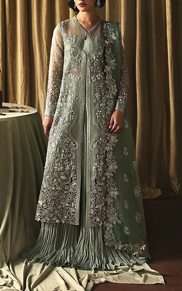Afrozeh Pistachio Green Organza Suit | Pakistani Embroidered Chiffon Dresses USA- Image 1