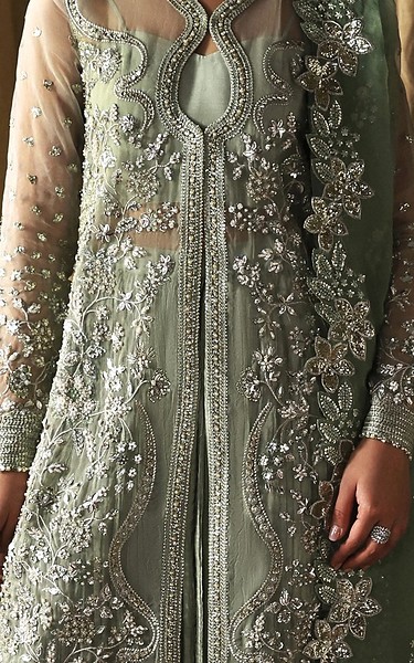 Afrozeh Pistachio Green Organza Suit | Pakistani Embroidered Chiffon Dresses USA- Image 3