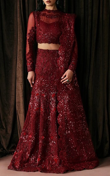 Afrozeh Maroon Organza Suit | Pakistani Embroidered Chiffon Dresses USA- Image 1