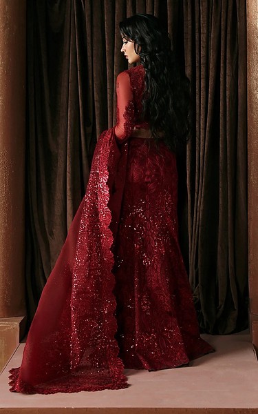 Afrozeh Maroon Organza Suit | Pakistani Embroidered Chiffon Dresses USA- Image 2