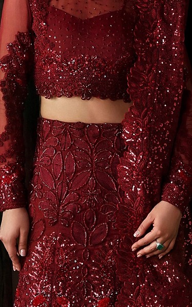 Afrozeh Maroon Organza Suit | Pakistani Embroidered Chiffon Dresses USA- Image 3