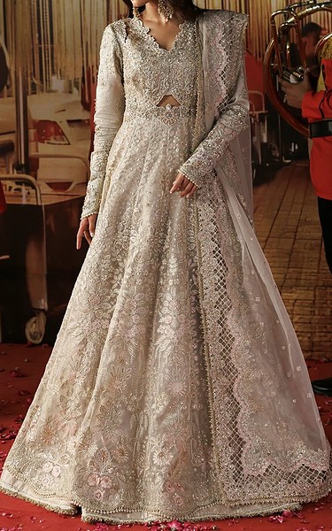 Afrozeh Pastel Grey Organza Suit | Pakistani Embroidered Chiffon Dresses USA- Image 1