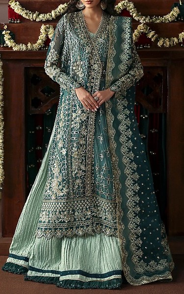Afrozeh Teal Green Organza Suit | Pakistani Embroidered Chiffon Dresses USA- Image 1