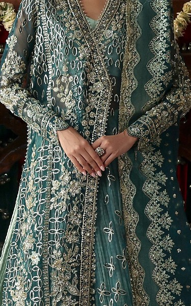 Afrozeh Teal Green Organza Suit | Pakistani Embroidered Chiffon Dresses USA- Image 2