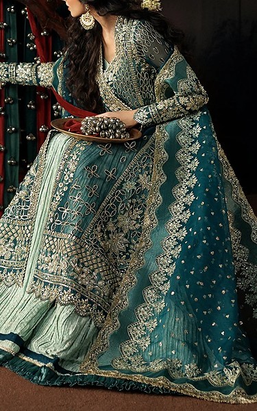 Afrozeh Teal Green Organza Suit | Pakistani Embroidered Chiffon Dresses USA- Image 3