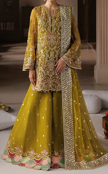 Afrozeh Dark Gold Organza Suit | Pakistani Embroidered Chiffon Dresses USA- Image 1