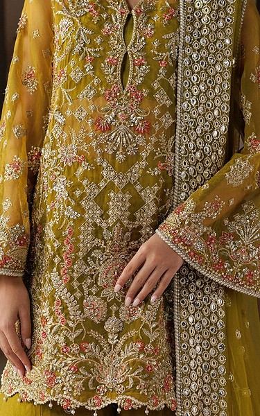 Afrozeh Dark Gold Organza Suit | Pakistani Embroidered Chiffon Dresses USA- Image 2