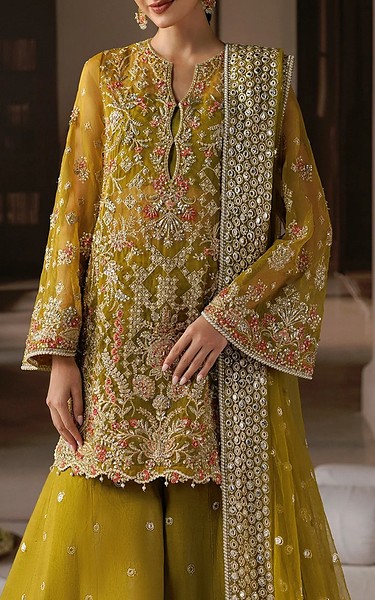 Afrozeh Dark Gold Organza Suit | Pakistani Embroidered Chiffon Dresses USA- Image 3