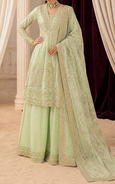Aik Pale Green Silk Suit | Pakistani Embroidered Chiffon Dresses USA- Image 1