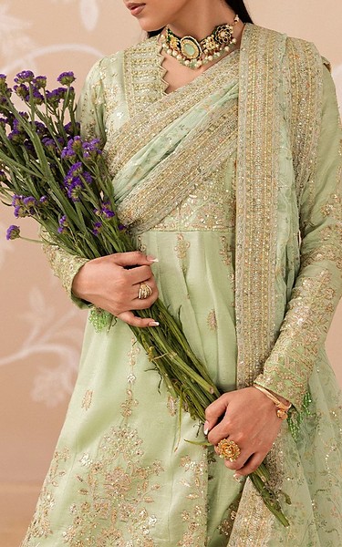 Aik Pale Green Silk Suit | Pakistani Embroidered Chiffon Dresses USA- Image 3
