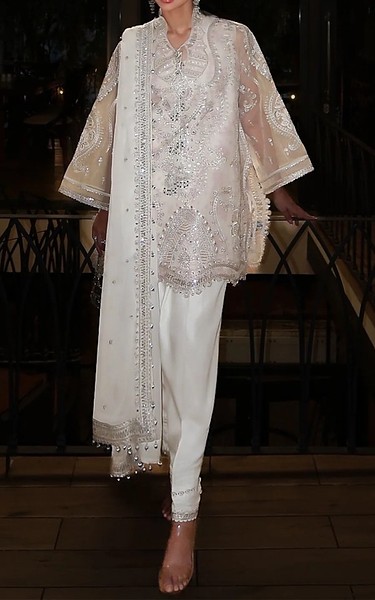Aik Off White Organza Suit | Pakistani Embroidered Chiffon Dresses USA- Image 1