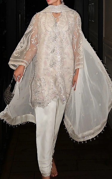 Aik Off White Organza Suit | Pakistani Embroidered Chiffon Dresses USA- Image 2