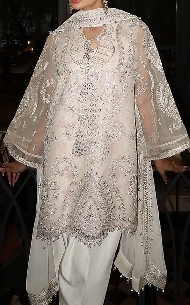 Aik Off White Organza Suit | Pakistani Embroidered Chiffon Dresses USA- Image 3
