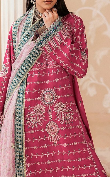 Aik Dark Pink Silk Suit | Pakistani Embroidered Chiffon Dresses USA- Image 1