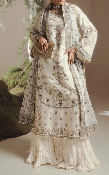 Aik Off White Silk Suit | Pakistani Embroidered Chiffon Dresses USA- Image 1