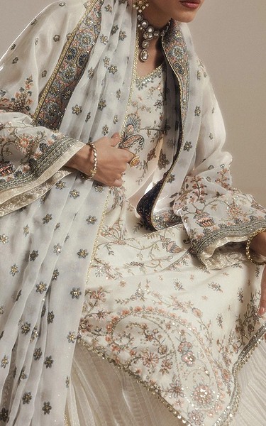 Aik Off White Silk Suit | Pakistani Embroidered Chiffon Dresses USA- Image 2