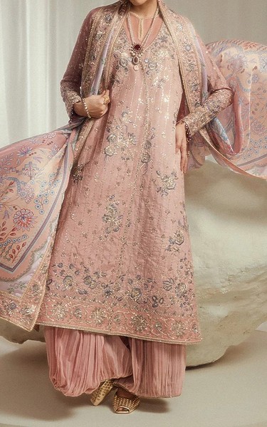 Aik Cavern Pink Silk Suit | Pakistani Embroidered Chiffon Dresses USA- Image 1