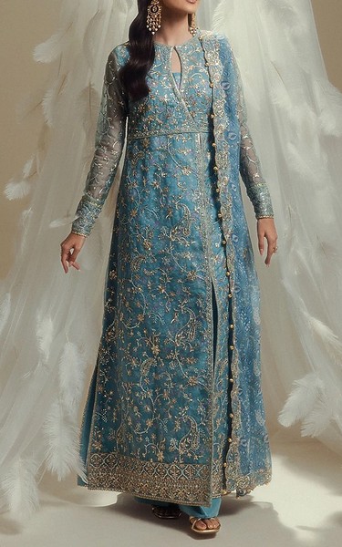 Aik Hippie Blue Organza Suit | Pakistani Embroidered Chiffon Dresses USA- Image 1